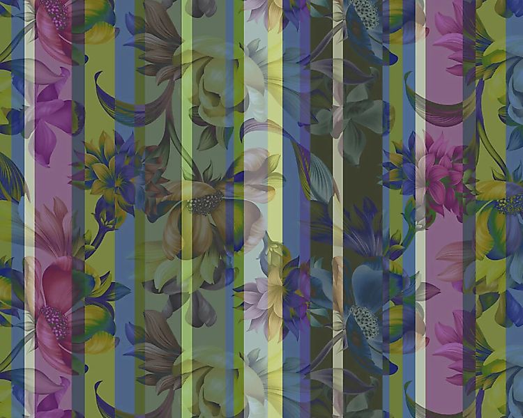 Fototapete "Flowers and Stripes Green" 4,00x2,50 m / Glattvlies Perlmutt günstig online kaufen