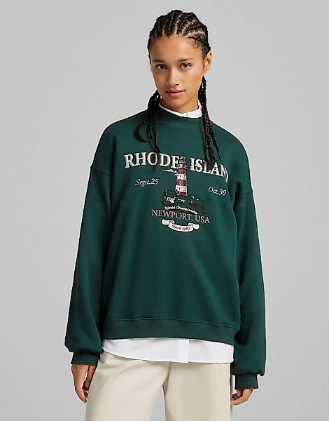 Bershka – Hochgeschlossenes Oversize-Sweatshirt in Tannengrün mit „Rhode Is günstig online kaufen