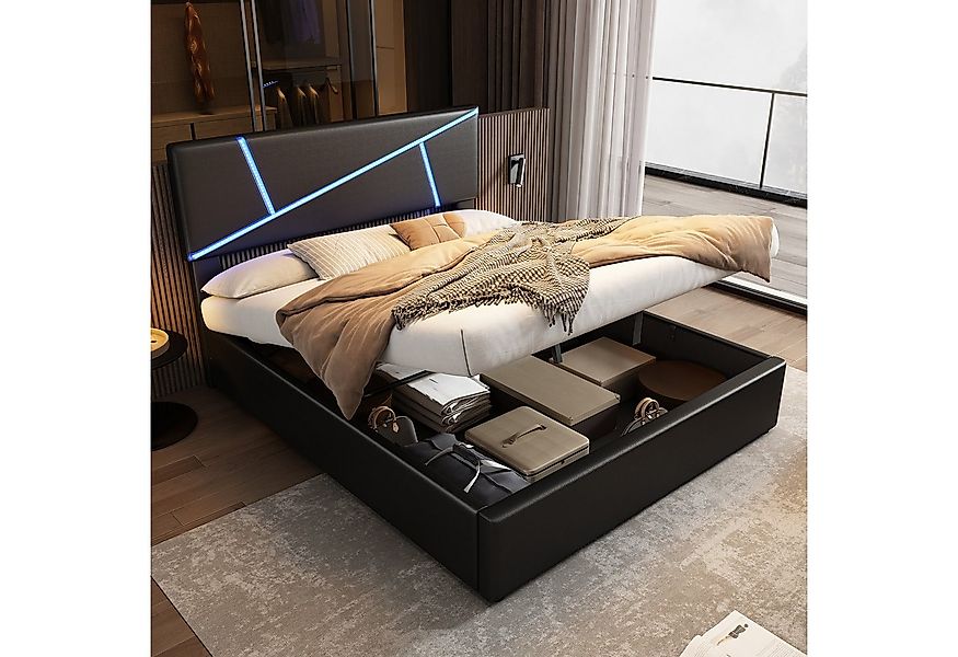 STILVORA Polsterbett 90×200 Bettgestell hydraulisches Funktionsbett mit LED günstig online kaufen