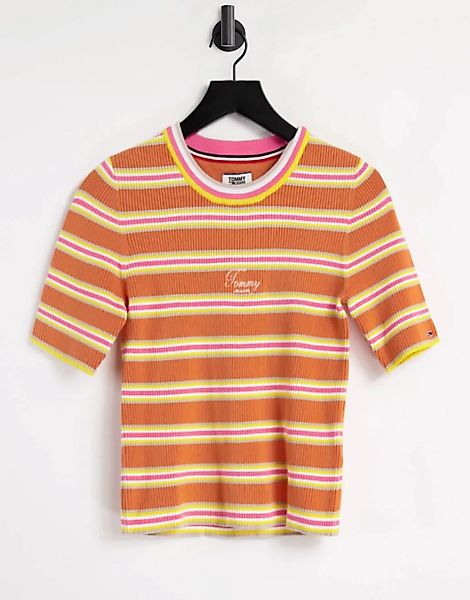 Tommy Jeans – Kurz geschnittenes T-Shirt in Orange mit Streifen günstig online kaufen