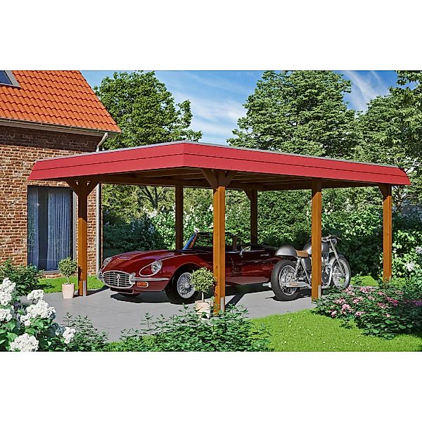 Skan Holz Carport Wendland Nussbaum 409 x 628 cm Alu-Dach Blende Rot günstig online kaufen