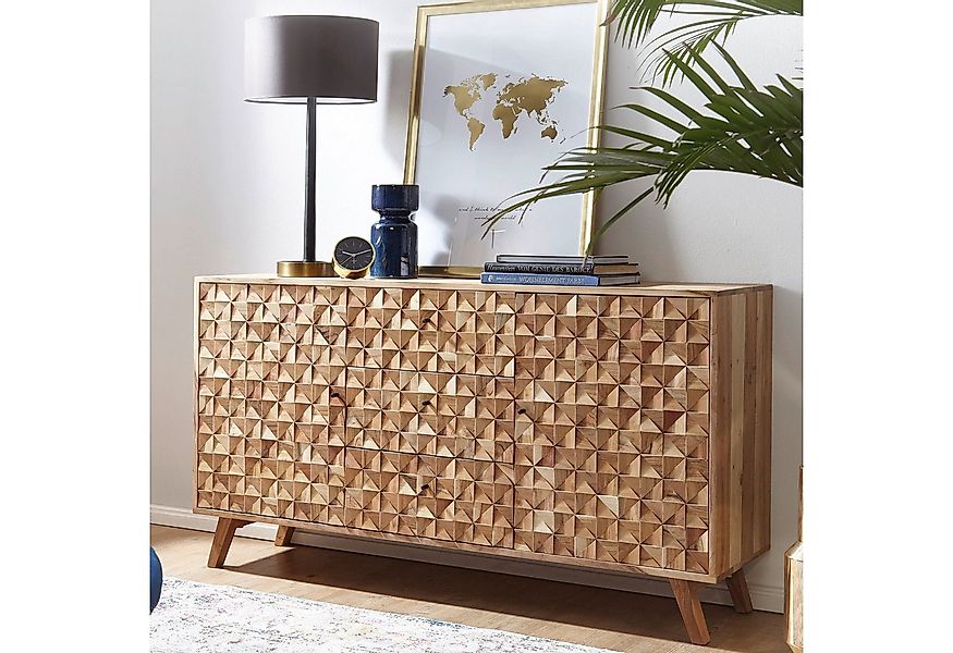 FINEBUY Sideboard FB50972 Massivholz 140cm 2 Türen 3 Schubladen Retro Kommo günstig online kaufen