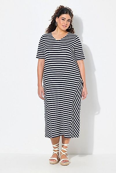 Ulla Popken Jerseykleid Midikleid Ringel A-Linie V-Ausschnitt Halbarm günstig online kaufen