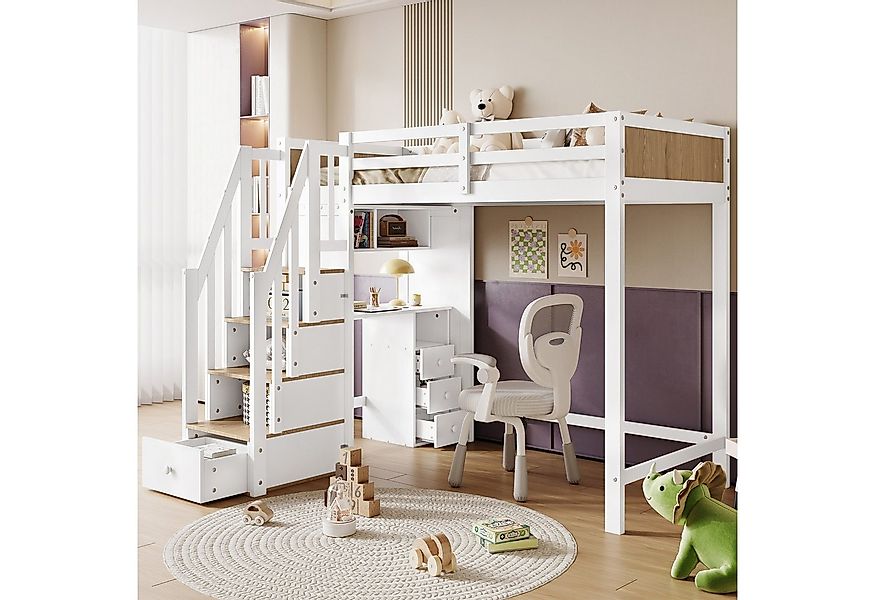 Flieks Hochbett Kinderbett 90x200cm mit Stauraumtreppe und Schreibtisch mit günstig online kaufen
