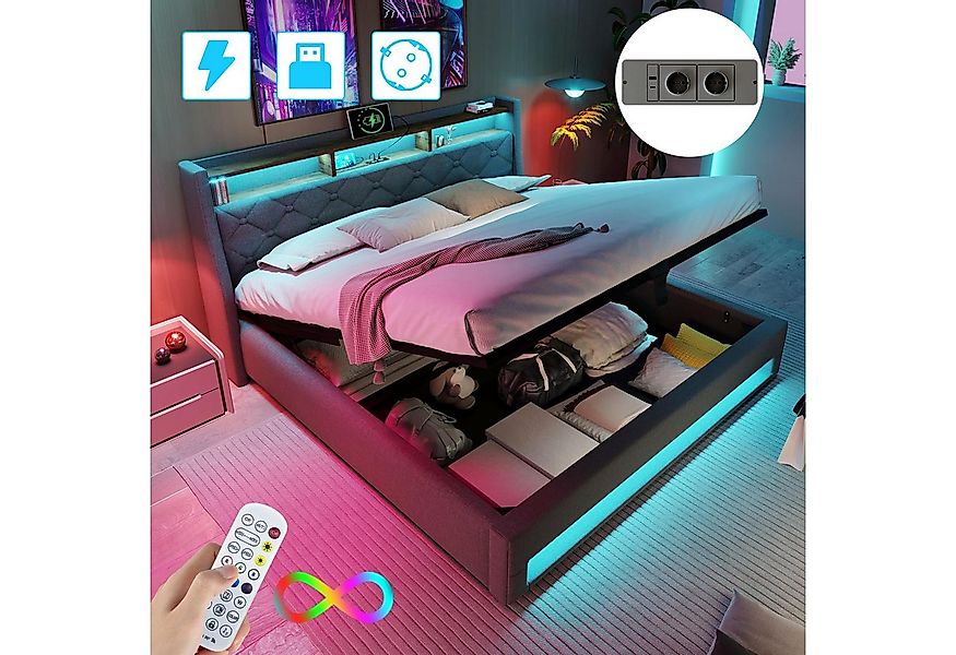 Mihtrov Polsterbett LED Doppelbett Hydraulisch Stauraumbett mit Ladestation günstig online kaufen