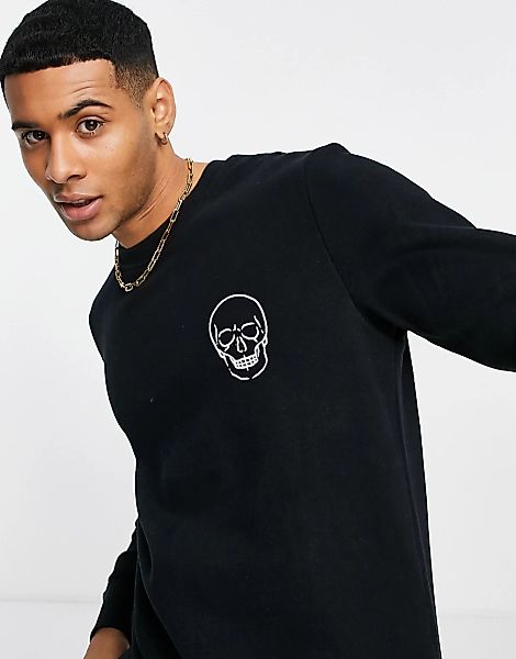 Jack & Jones Premium – Sweatshirt in Schwarz mit beflocktem Totenkopf-Motiv günstig online kaufen