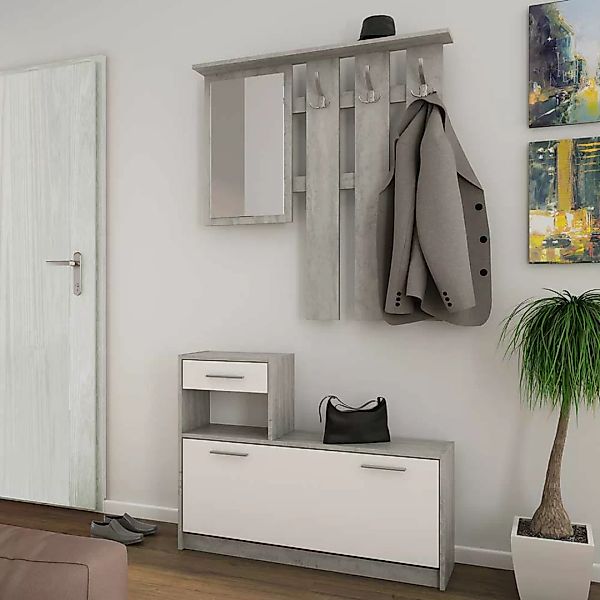 Flurgarderobe Set modern in Beton Grau und Weiß 97 cm breit (zweiteilig) günstig online kaufen