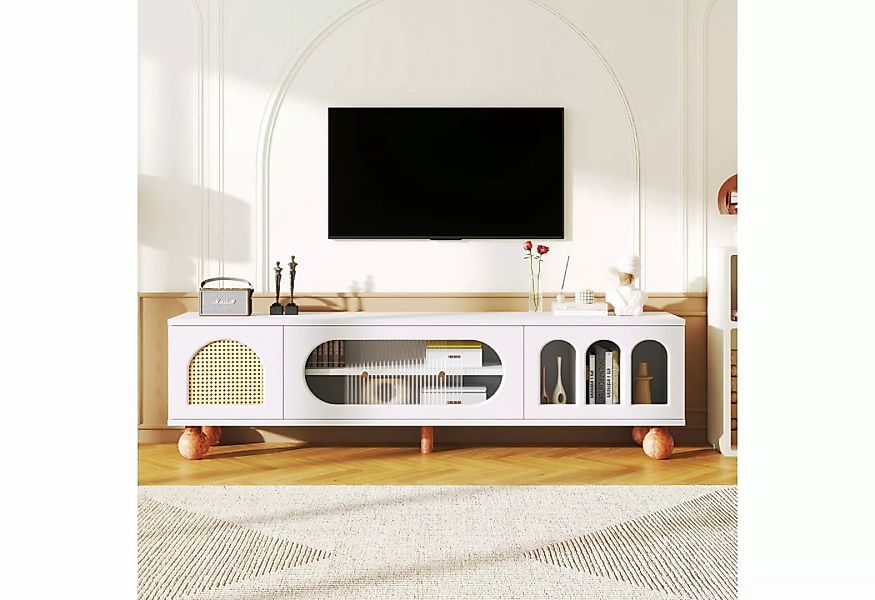 MODFU TV-Schrank Lowboard mit Glasschiebetüren, Rattantür, Stauraum, Fernse günstig online kaufen