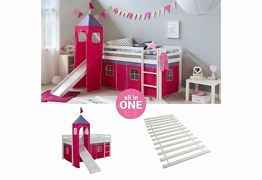 Homestyle4u Hochbett Kinderbett mit Matratze Rutsche Turm Pink Tunnel 90x20 günstig online kaufen