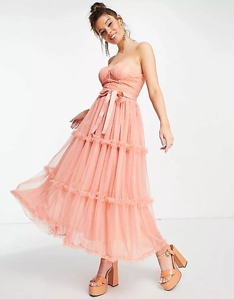 Forever U – Midaxi-Kleid mit herzförmigem Carmen-Ausschnitt in Pfirsich-Ora günstig online kaufen