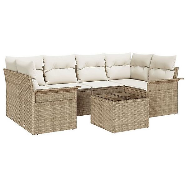 vidaXL Loungesofa 7-teiliges Garten-Sofa-Set mit Kissen Beige Poly Rattan, günstig online kaufen