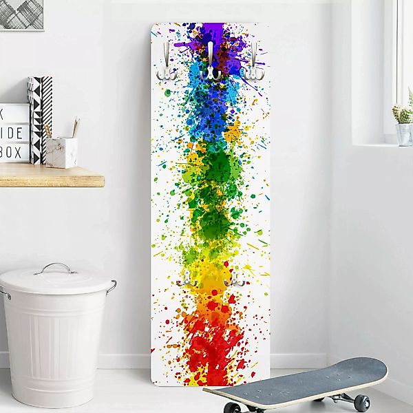 Wandgarderobe Holzpaneel Kinderzimmer Rainbow Splatter günstig online kaufen