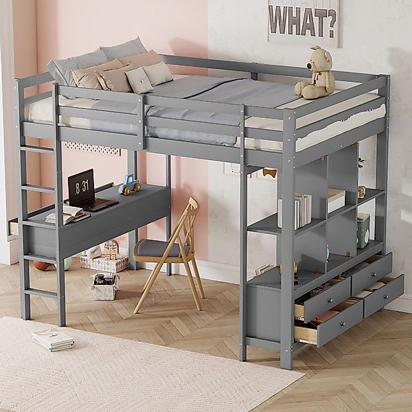 Flieks Hochbett Kiefer Kinderbett mit Schreibtisch günstig online kaufen