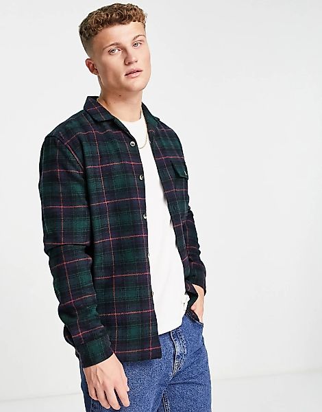 ASOS DESIGN – Hemdjacke aus Wolle in Schwarz mit Karomuster-Marineblau günstig online kaufen