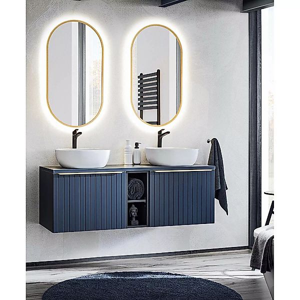 Badezimmer Waschplatz Set mit 2 ovalen Spiegeln, Regal und Doppelwaschtisch günstig online kaufen