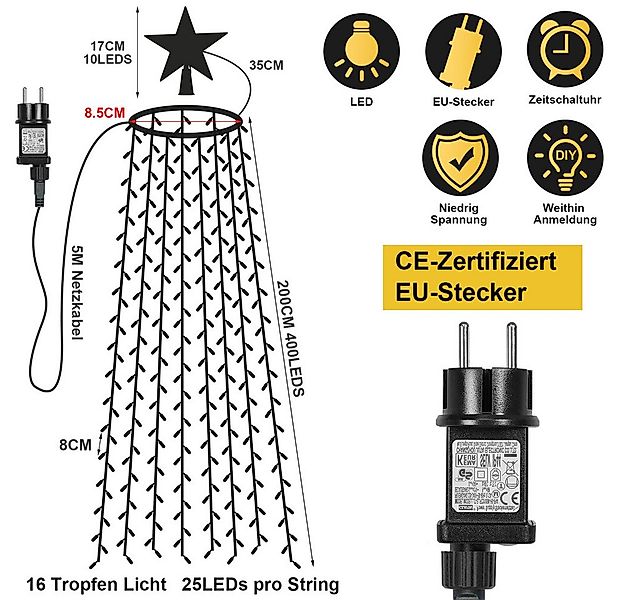 Rosnek LED-Lichtervorhang 31V, 16 Stränge, Stern-Topper, 8 Modi, Timer, für günstig online kaufen