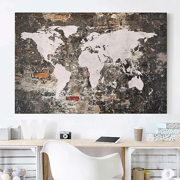 Leinwandbild Weltkarte - Querformat Alte Mauer Weltkarte günstig online kaufen