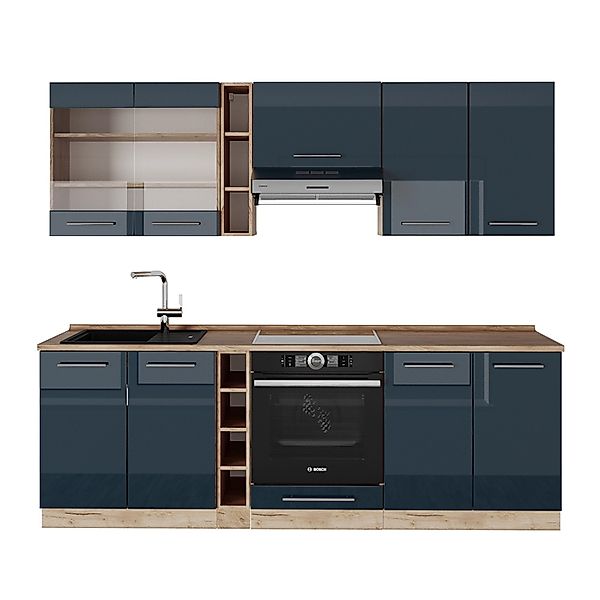 Vicco Fame-Line Küchenzeile Dunkelblau Hochglanz/Goldkraft Eiche 235 cm AP günstig online kaufen