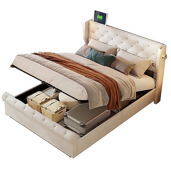 FUROKOY Polsterbett Doppelbett 160x200cm Mit Nachttischlampe und USB-Ladean günstig online kaufen