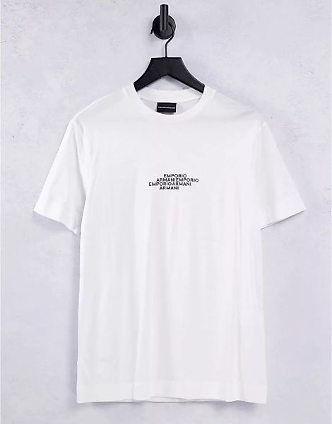 Emporio Armani – T-Shirt in Weiß mit mittigem, sich wiederholendem Logo-Sch günstig online kaufen