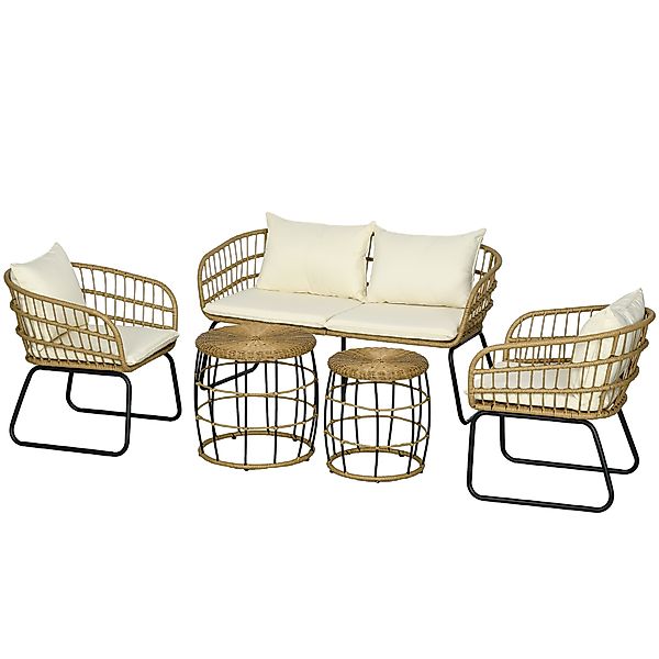 Outsunny 5 tlg Rattan Gartenmöbel-Set mit Kissen, 2 Couchtischen, 2 Sesseln günstig online kaufen