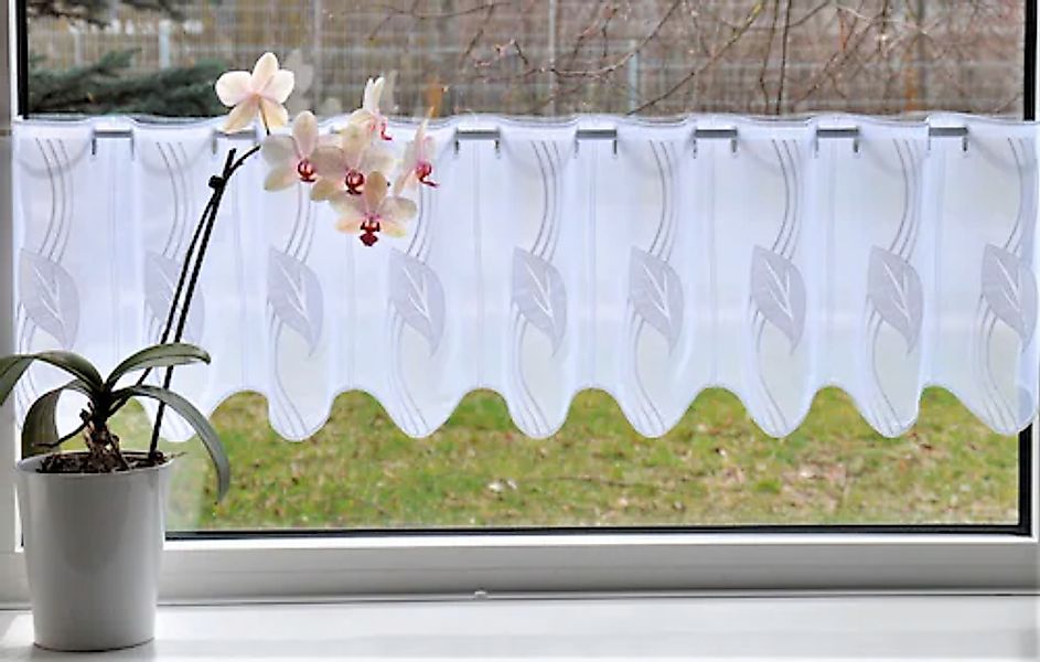 Stickereien Plauen Scheibengardine Blätter, Stangendurchzug (1 günstig online kaufen