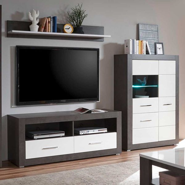 Wohnzimmerwohnwand in Weiß Hochglanz 100 cm hoch (dreiteilig) günstig online kaufen