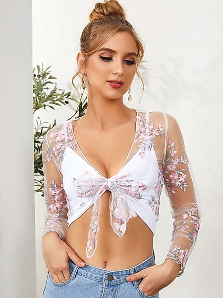 YOINS Mesh Floral Embroidety Durchsichtiges Design Cardigan & Twist Cami günstig online kaufen