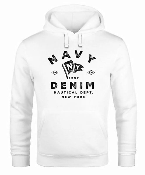 Neverless Hoodie Hoodie Herren vintage Motiv Schriftzug Navy Denim Nautical günstig online kaufen