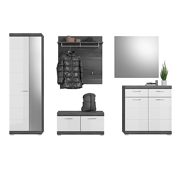Inn.Furn Garderoben-Set 5-teilig Weiß Hochglanz Grau mit Schuhschrank Shawn günstig online kaufen