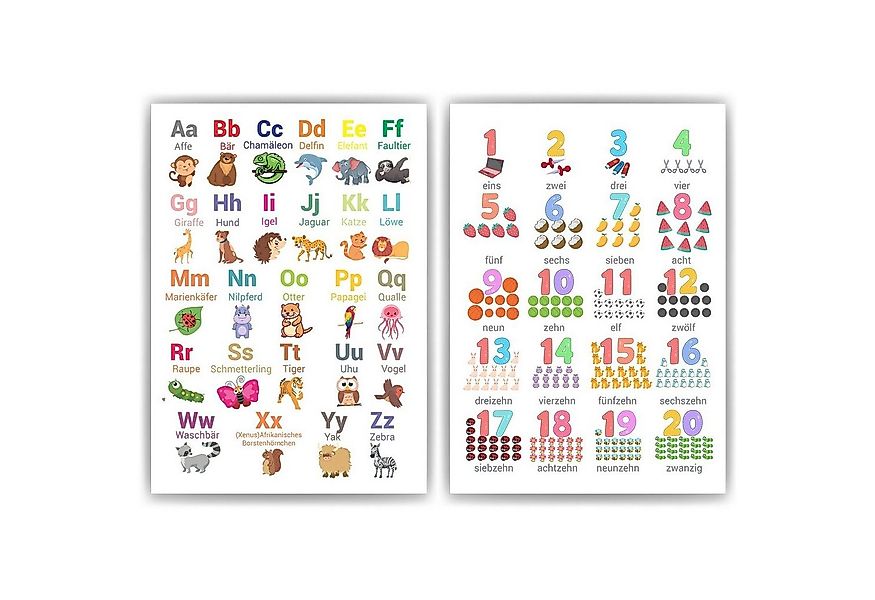 Tigerlino Poster 2er Set Tier ABC, Zahlen Lernposter Kinderzimmer Alphabet günstig online kaufen