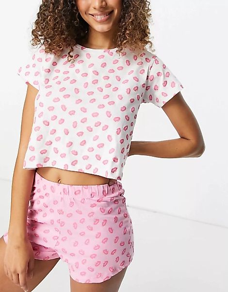 Brave Soul – Lippy – Kurzes Pyjamaset in Rosa und Weiß günstig online kaufen
