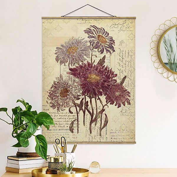 Stoffbild Blumen mit Posterleisten - Hochformat Vintage Blumen mit Handschr günstig online kaufen