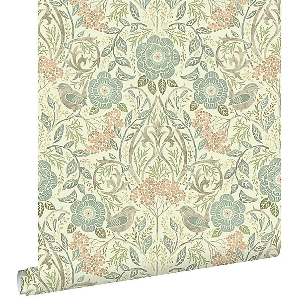 ESTAhome Tapete Blumen und Vögel im Jugendstil Graublau Braun und Altrosa 5 günstig online kaufen