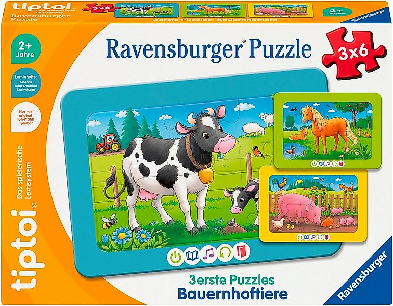 Ravensburger Puzzle tiptoi® 3 erste Puzzles: Bauernhoftiere, 18 Puzzleteile günstig online kaufen