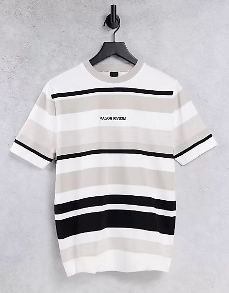 River Island – Gestreiftes T-Shirt in Stein-Neutral günstig online kaufen