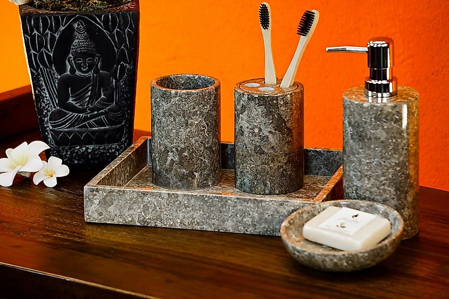 Kinaree Seifenspender Badezimmer Set Marmor dunkel, (bestehend aus Tablett, günstig online kaufen