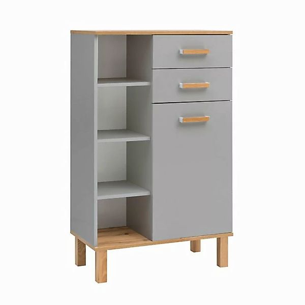 Lomadox Midischrank PERM-80 Badezimmer Kommode in Platingrau mit Eiche Land günstig online kaufen