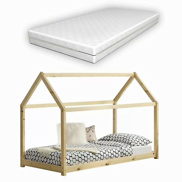 en.casa Kinderbett, »Netstal« Hausbett mit Matratze Kiefernholz 70x140cm Na günstig online kaufen