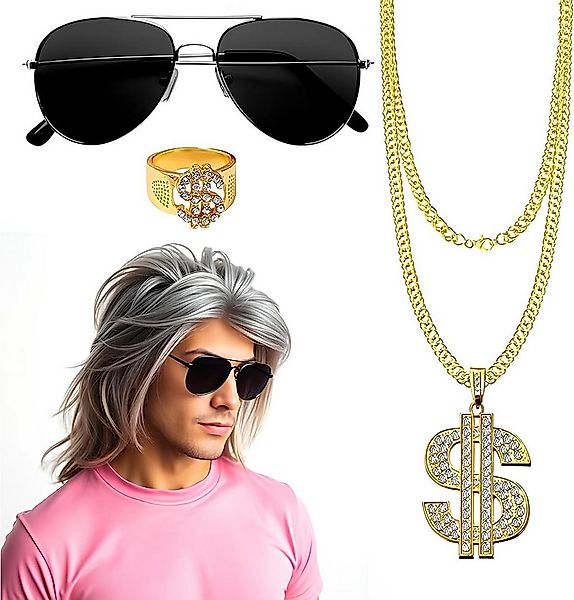 Kostümheld® Kostüm 4 in 1 Vokuhila Set mit Ring, Perücke, Goldkette, Brille günstig online kaufen