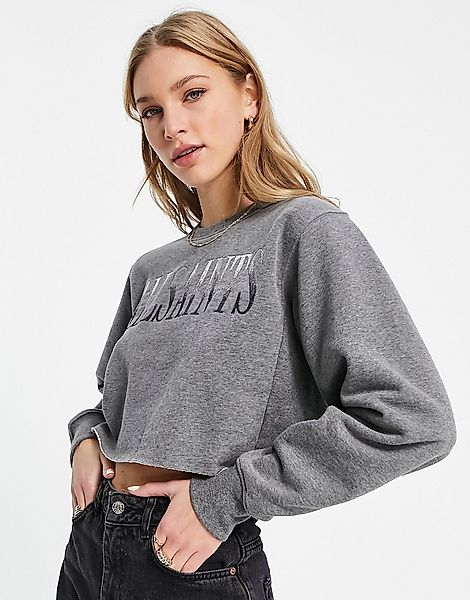 AllSaints – Kurzes Sweatshirt in Grau mit Logo in Metallic-Optik günstig online kaufen