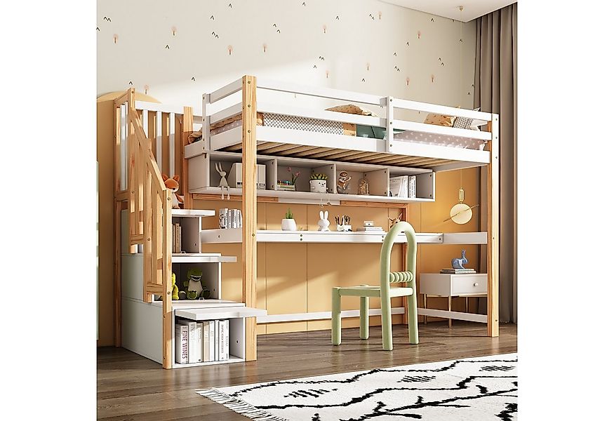 Flieks Hochbett Kinderbett mit Regale, Schreibtisch und Stauraumtreppe 90x2 günstig online kaufen