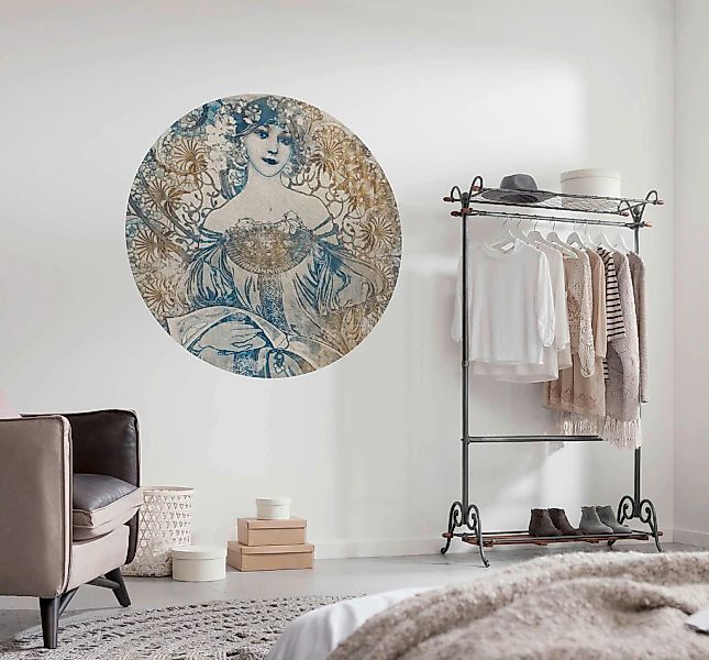 Sanders & Sanders Selbstklebende Runde Tapete Göttin Beige und Blau Ø 125 c günstig online kaufen