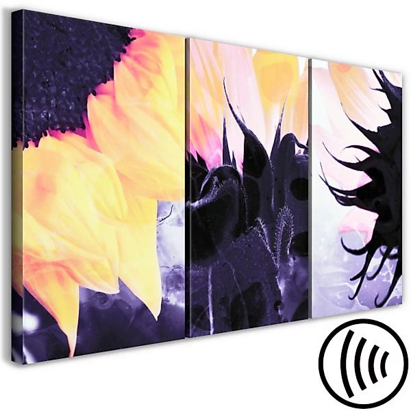 Wandbild Triptychon mit Sonnenblumen - Blumenfragmente auf lila Hintergrund günstig online kaufen