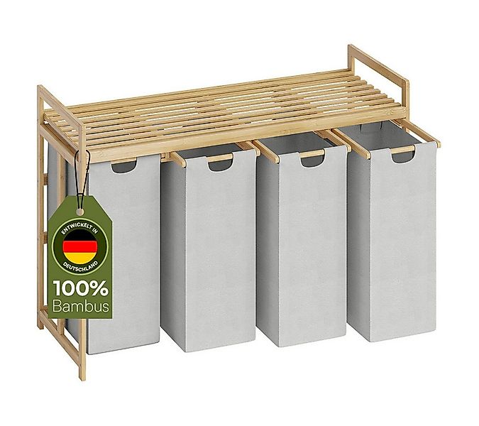 Bellamio Wäschekorb Newa aus Bambus (4 Fächer mit 1 Ablage, Hellgrau 200 L) günstig online kaufen