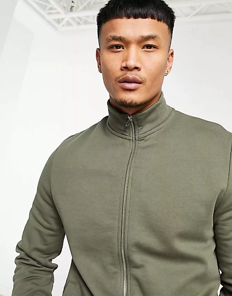 ASOS DESIGN – Jersey-Trainingsjacke in Khaki mit hohem Kragen und robustem günstig online kaufen