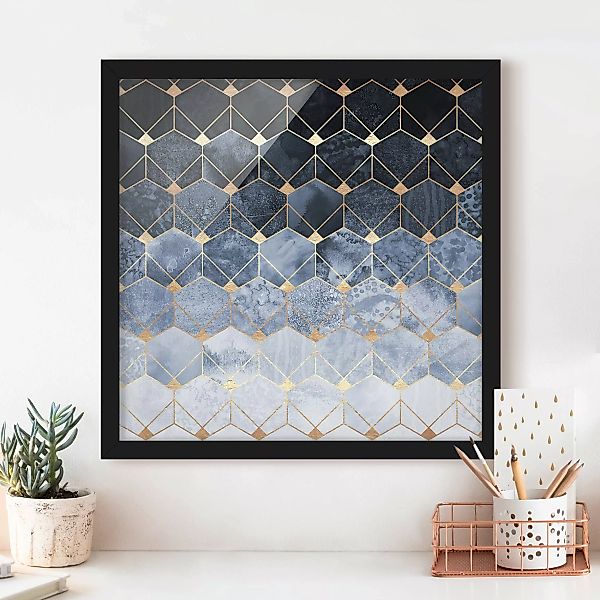 Bild mit Rahmen Abstrakt - Quadrat Blaue Geometrie goldenes Art Deco günstig online kaufen
