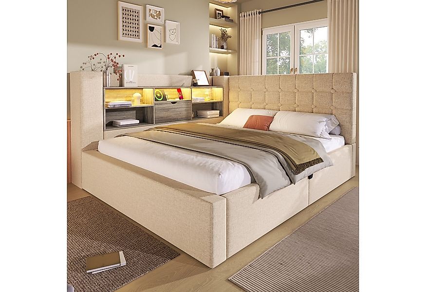 REDOM Polsterbett Stauraumbett mit beleuchtetem L-Kopfteil, hydraulisch (St günstig online kaufen