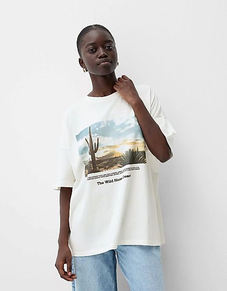 Bershka T-Shirt Mit Print Damen Xs Rohweiß günstig online kaufen