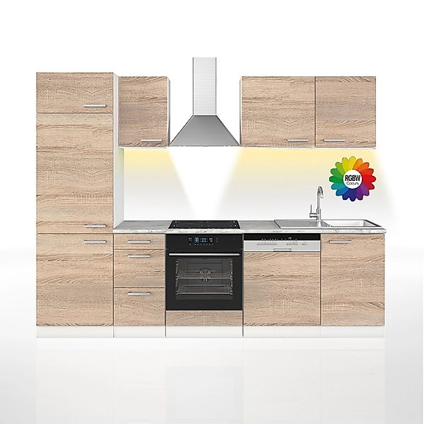 Vicco Optima Küchenzeile Sonoma 270 cm ohne Arbeitsplatte mit LED-LeistenOp günstig online kaufen